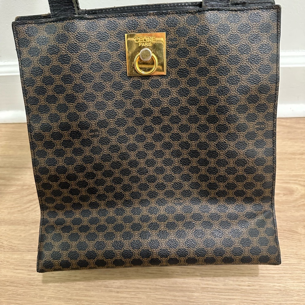 Celine Vintage Macadom Logo Print Leather Tote Handbag Purse Bag